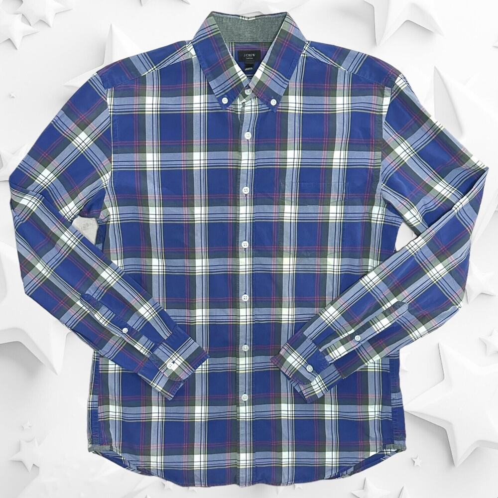 J CREW Plaid Chambray Trim Wrinkle Resistant Button Down Shirt Blue Slim Medium